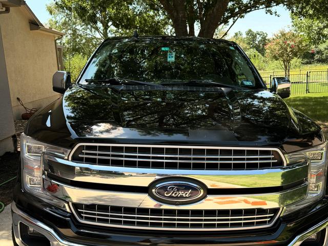 Sealed black hood and chrome grille on the Ford F-150 reflecting the trees