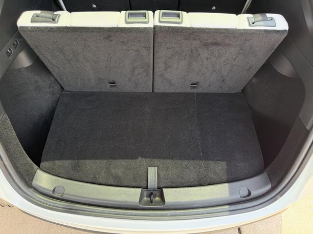 Tesla Model Y rear trunk vacuumed clean, with folded seatbacks and a lint-free gray carpet